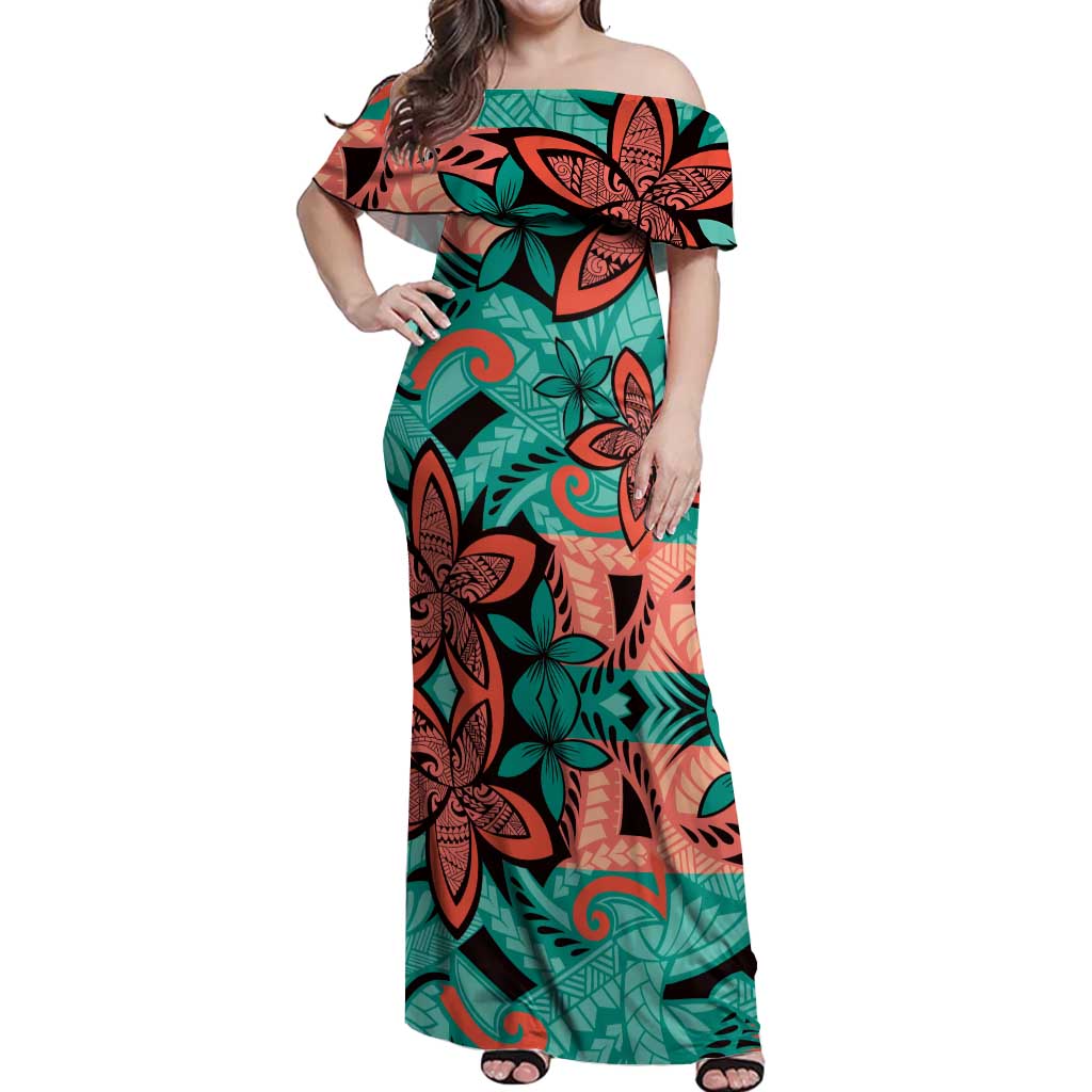 Plumeria Polynesian Pattern Off Shoulder Maxi Dress Unique Fantasy Teal Orange