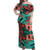 Plumeria Polynesian Pattern Off Shoulder Maxi Dress Unique Fantasy Teal Orange