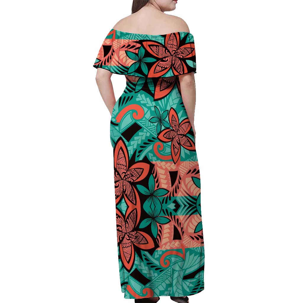 Plumeria Polynesian Pattern Off Shoulder Maxi Dress Unique Fantasy Teal Orange