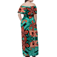 Plumeria Polynesian Pattern Off Shoulder Maxi Dress Unique Fantasy Teal Orange