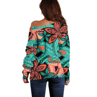 Plumeria Polynesian Pattern Off Shoulder Sweater Unique Fantasy Teal Orange