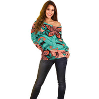 Plumeria Polynesian Pattern Off Shoulder Sweater Unique Fantasy Teal Orange