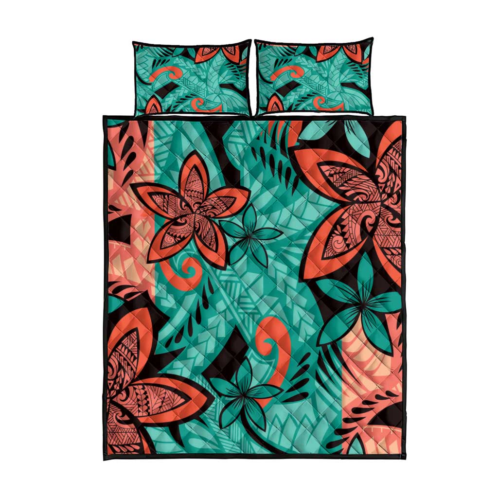 Plumeria Polynesian Pattern Quilt Bed Set Unique Fantasy Teal Orange LT01 - Polynesian Pride