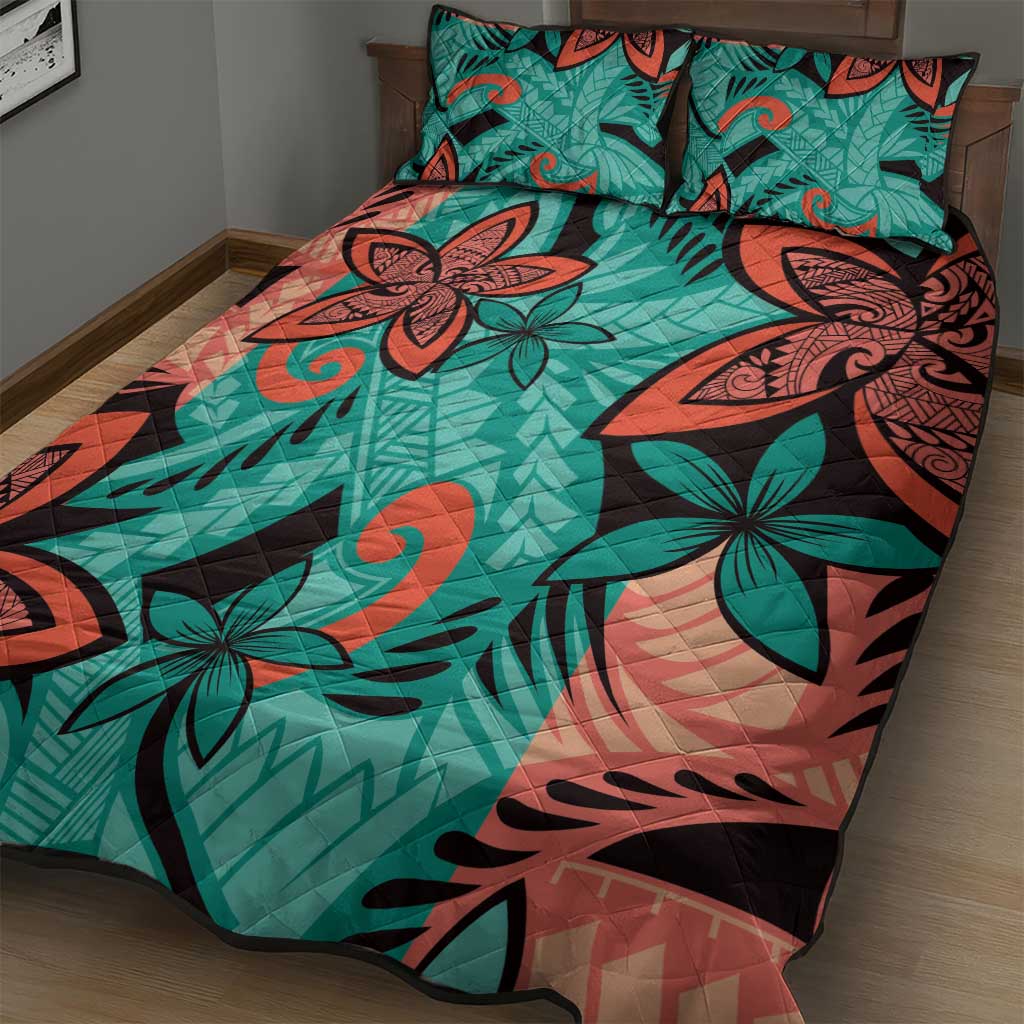Plumeria Polynesian Pattern Quilt Bed Set Unique Fantasy Teal Orange LT01 - Polynesian Pride