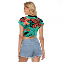 Plumeria Polynesian Pattern Raglan Cropped T Shirt Unique Fantasy Teal Orange