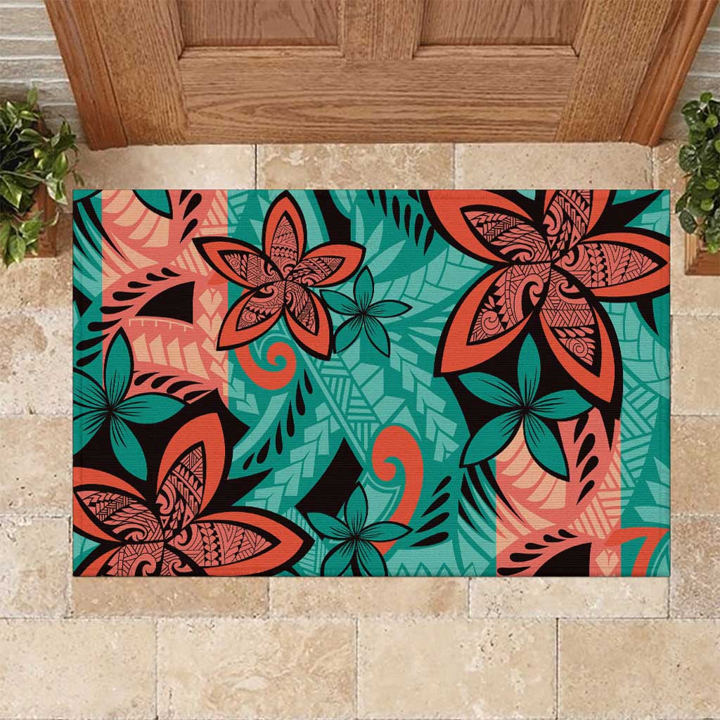 Plumeria Polynesian Pattern Rubber Doormat Unique Fantasy Teal Orange LT01 Teal - Polynesian Pride
