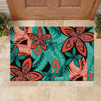 Plumeria Polynesian Pattern Rubber Doormat Unique Fantasy Teal Orange LT01 Teal - Polynesian Pride