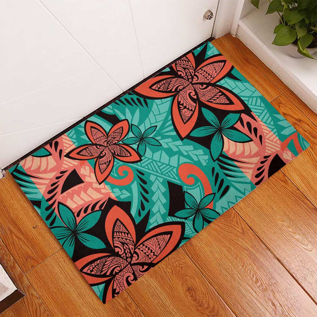 Plumeria Polynesian Pattern Rubber Doormat Unique Fantasy Teal Orange LT01 - Polynesian Pride