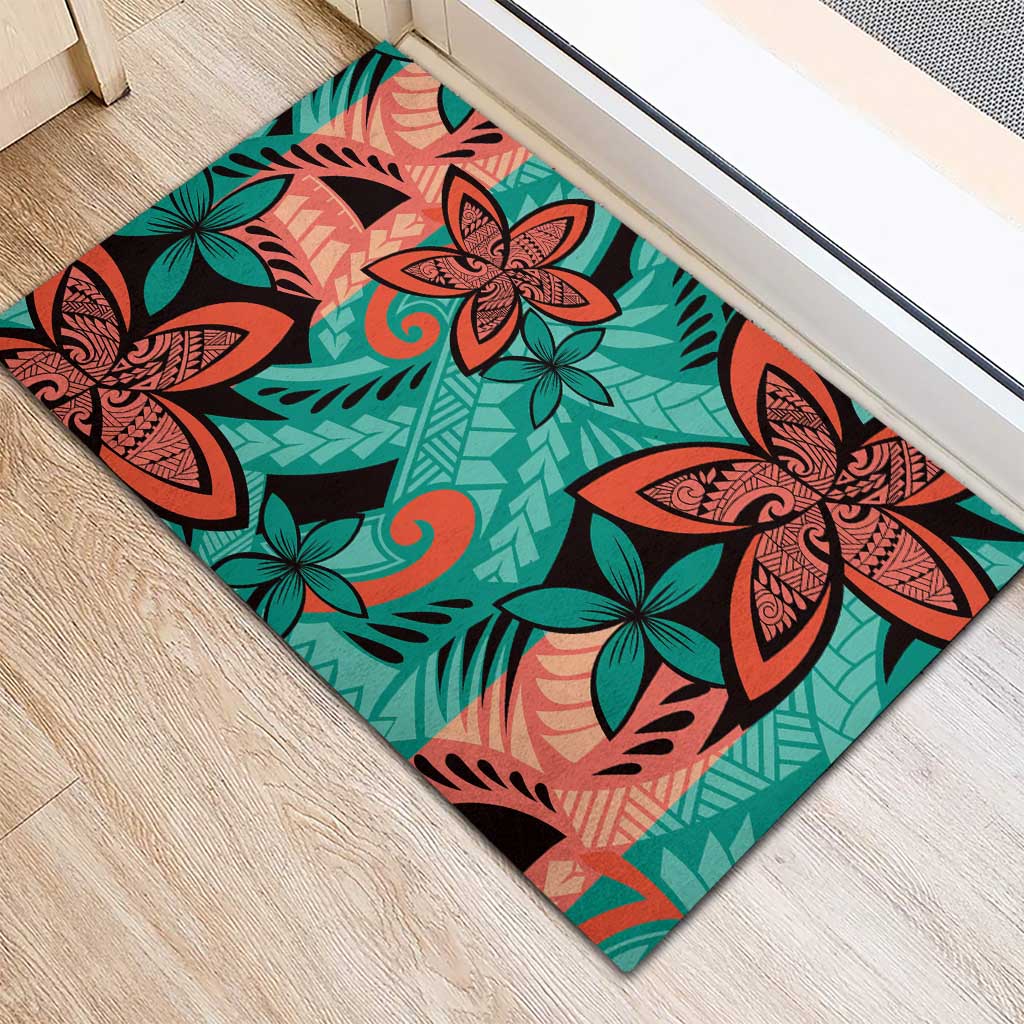 Plumeria Polynesian Pattern Rubber Doormat Unique Fantasy Teal Orange LT01 - Polynesian Pride