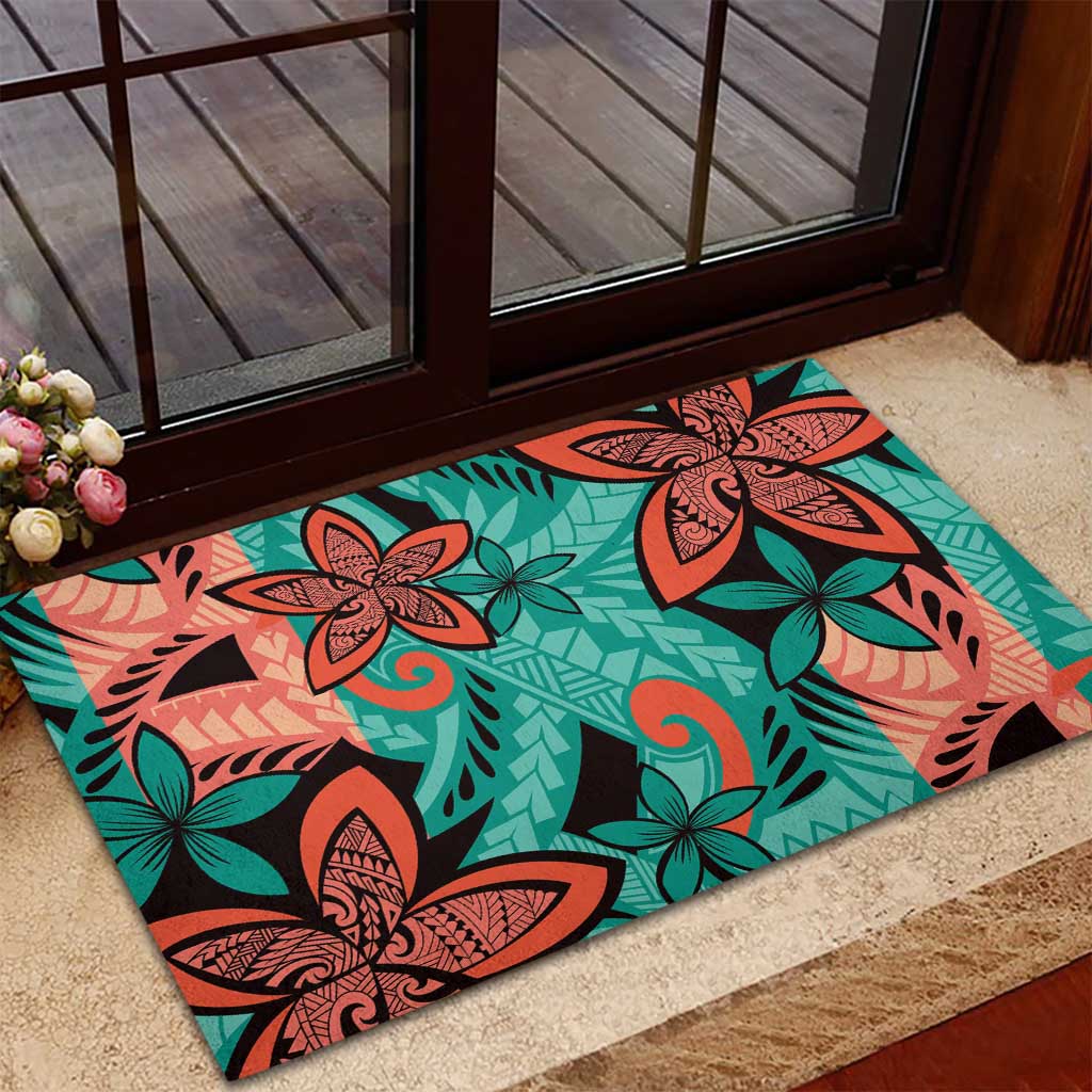 Plumeria Polynesian Pattern Rubber Doormat Unique Fantasy Teal Orange LT01 - Polynesian Pride