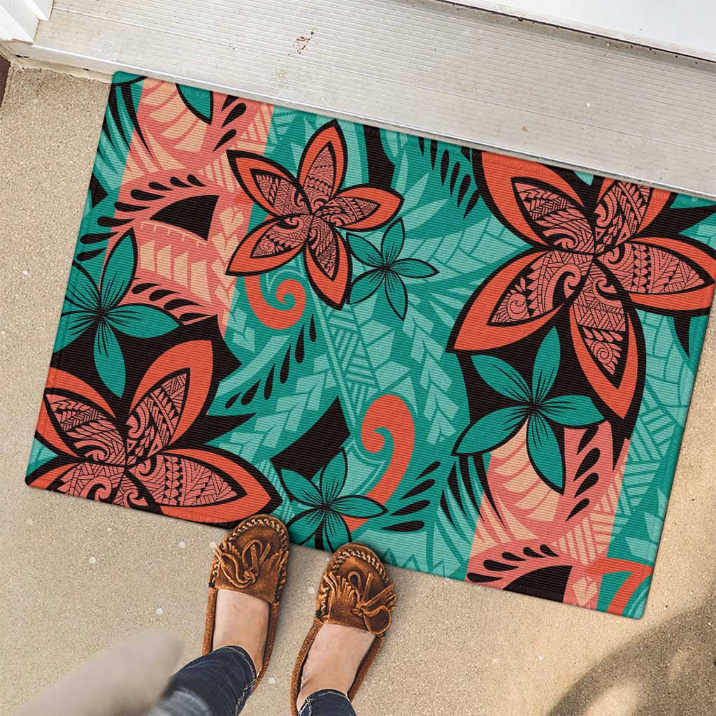 Plumeria Polynesian Pattern Rubber Doormat Unique Fantasy Teal Orange LT01 - Polynesian Pride
