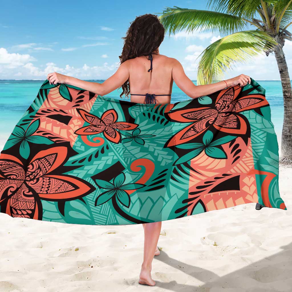 Plumeria Polynesian Pattern Sarong Unique Fantasy Teal Orange