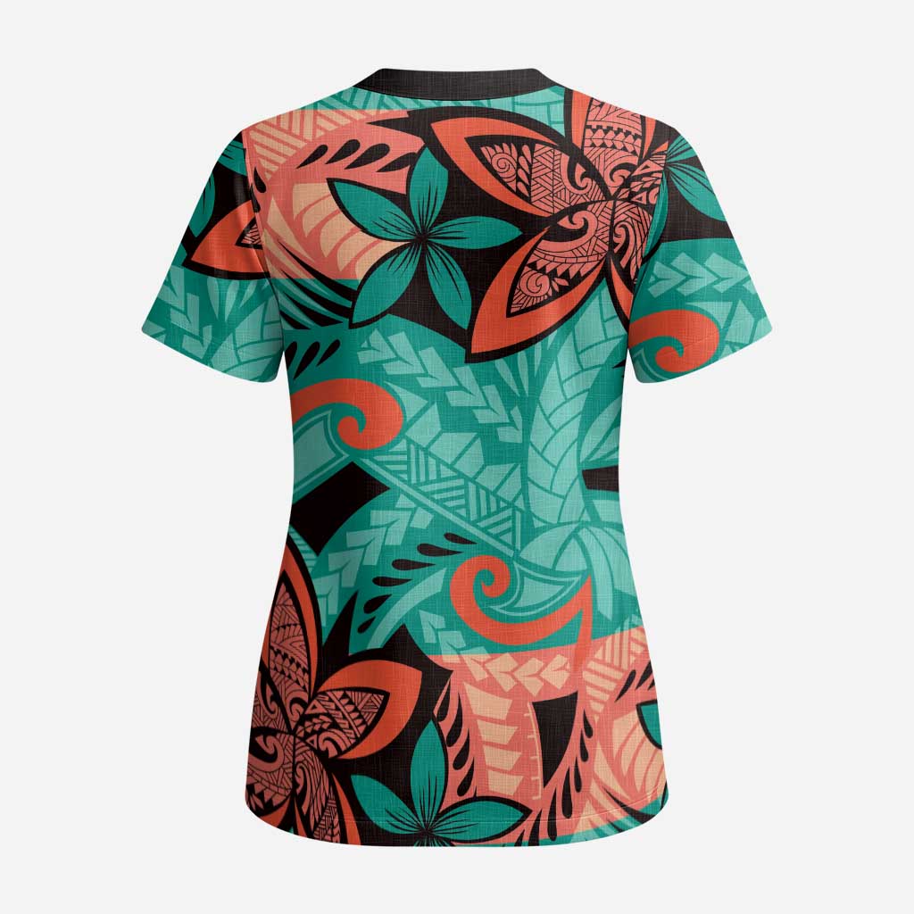 Plumeria Polynesian Pattern Scrub Top Unique Fantasy Teal Orange LT01 - Polynesian Pride