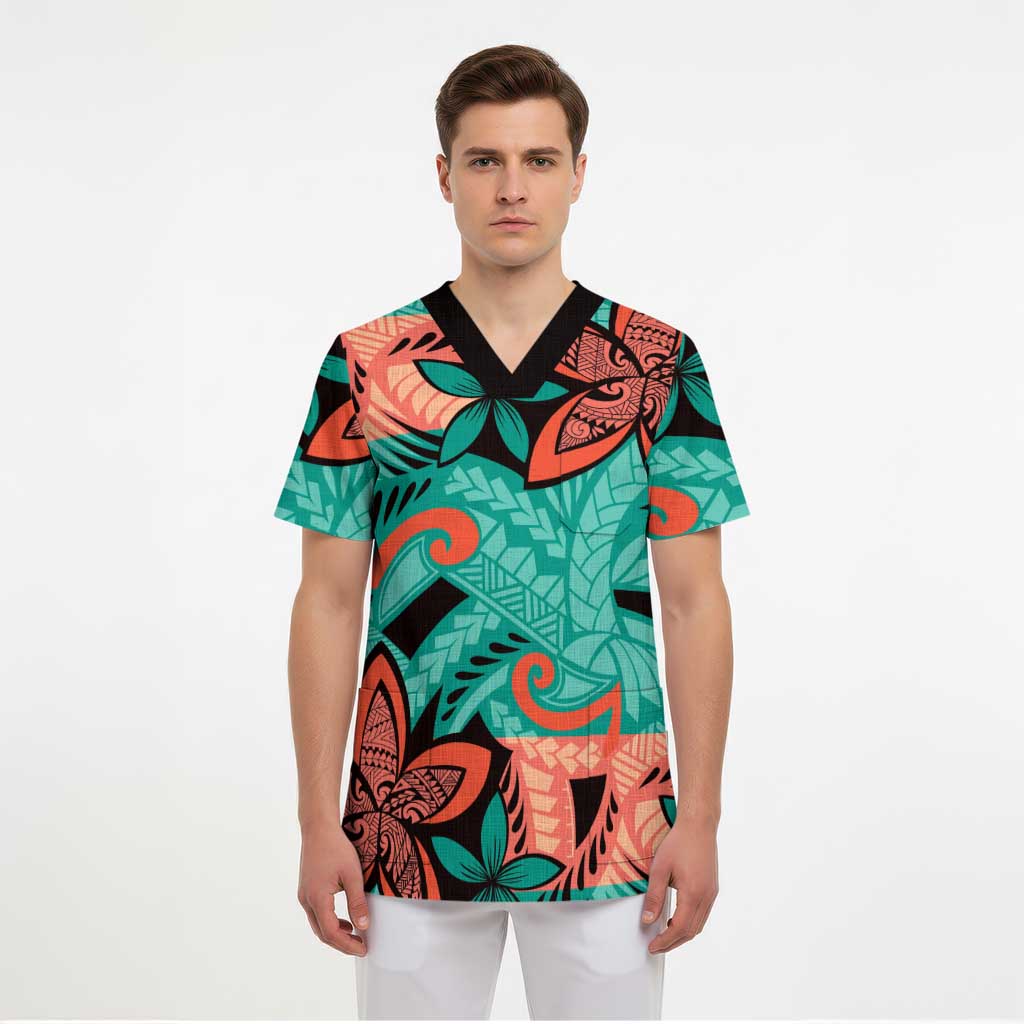 Plumeria Polynesian Pattern Scrub Top Unique Fantasy Teal Orange LT01 - Polynesian Pride