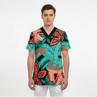 Plumeria Polynesian Pattern Scrub Top Unique Fantasy Teal Orange LT01 - Polynesian Pride