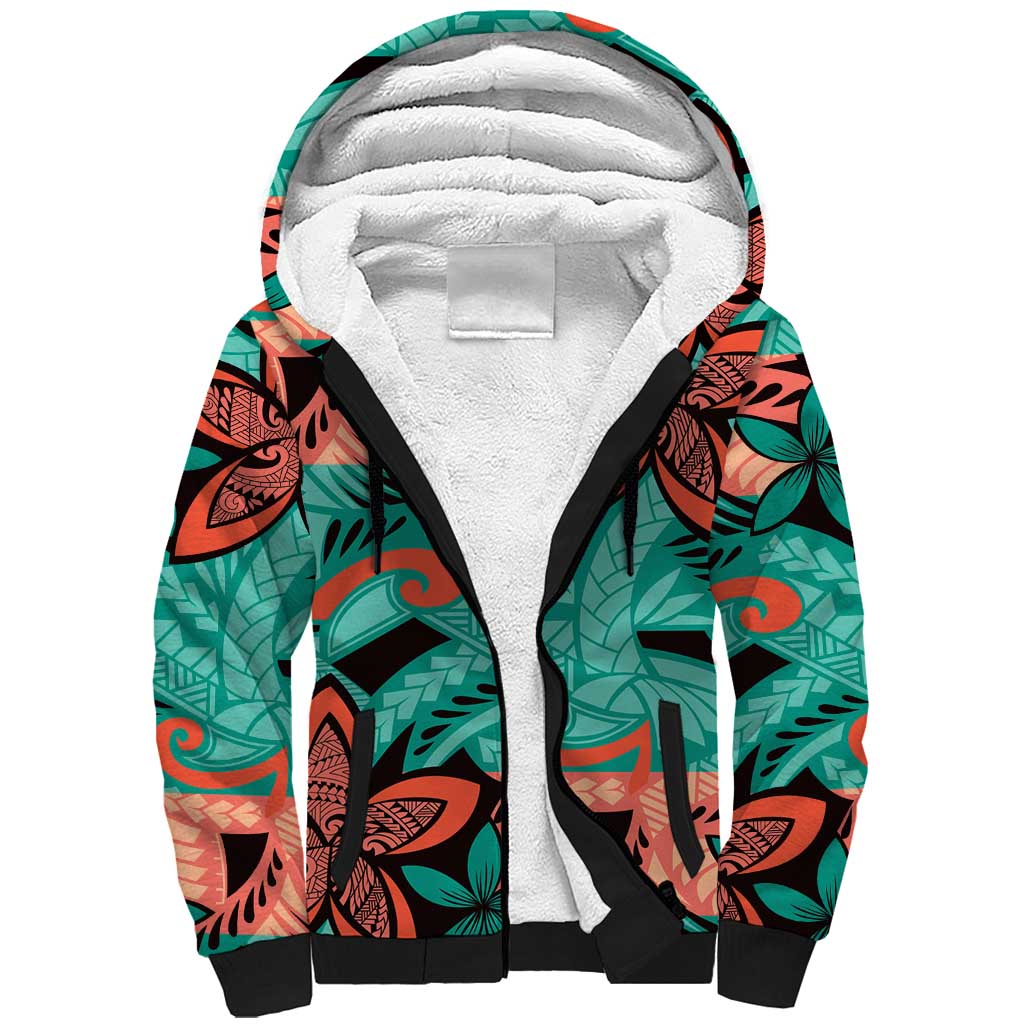 Plumeria Polynesian Pattern Sherpa Hoodie Unique Fantasy Teal Orange LT01 Unisex Teal - Polynesian Pride