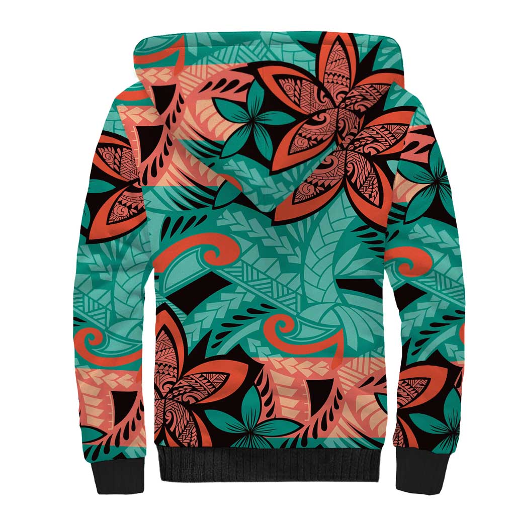 Plumeria Polynesian Pattern Sherpa Hoodie Unique Fantasy Teal Orange LT01 - Polynesian Pride