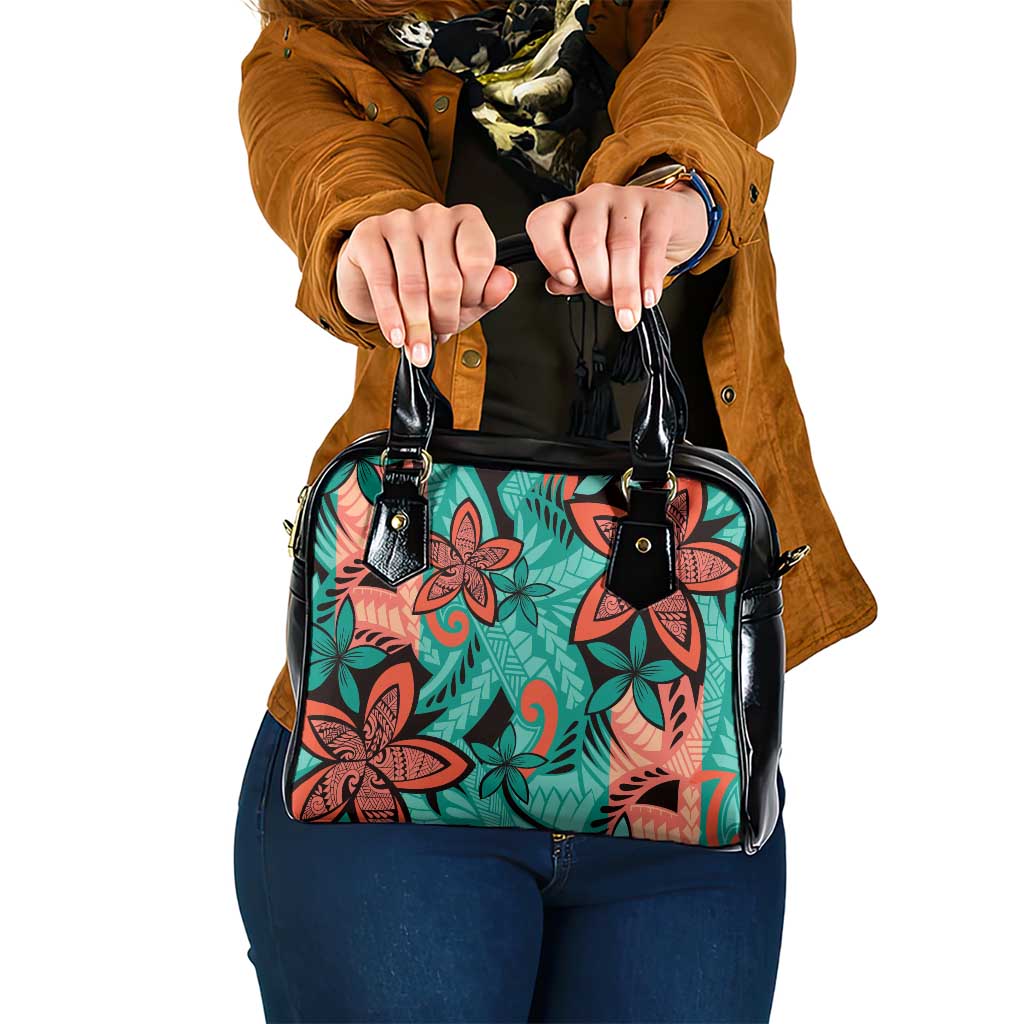 Plumeria Polynesian Pattern Shoulder Handbag Unique Fantasy Teal Orange