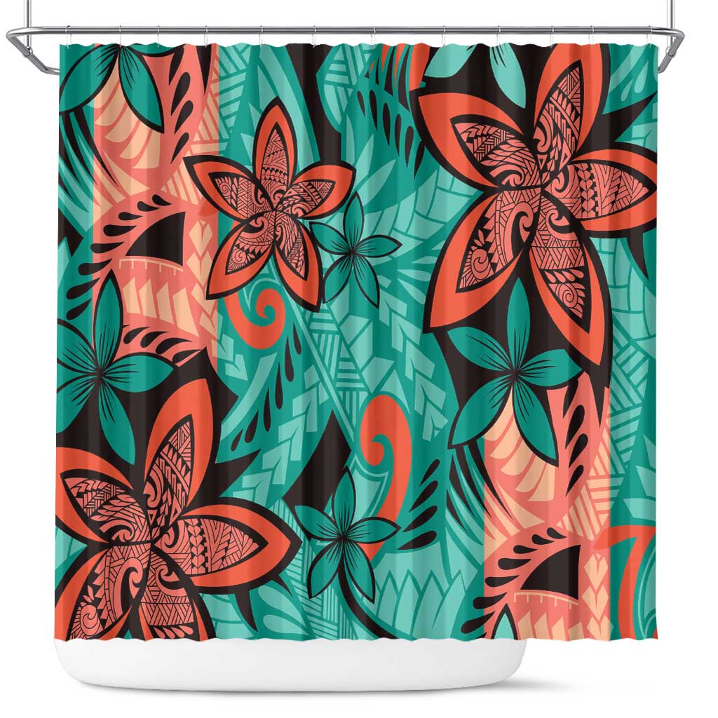 Plumeria Polynesian Pattern Shower Curtain Unique Fantasy Teal Orange