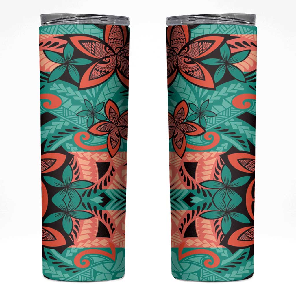 Plumeria Polynesian Pattern Skinny Tumbler Unique Fantasy Teal Orange