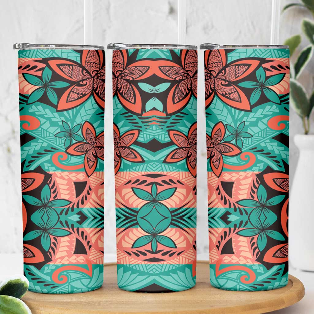 Plumeria Polynesian Pattern Skinny Tumbler Unique Fantasy Teal Orange