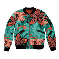 Plumeria Polynesian Pattern Sleeve Zip Bomber Jacket Unique Fantasy Teal Orange