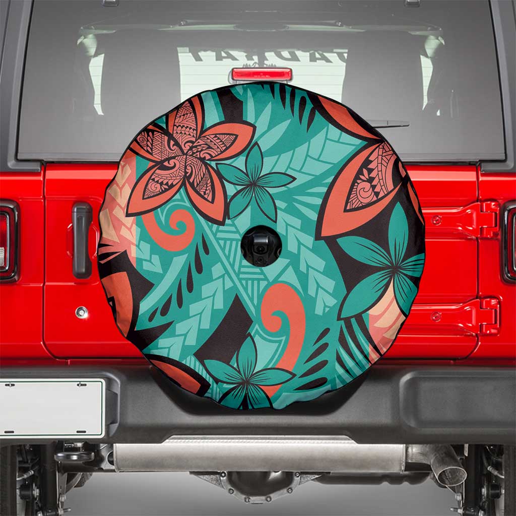 Plumeria Polynesian Pattern Spare Tire Cover Unique Fantasy Teal Orange