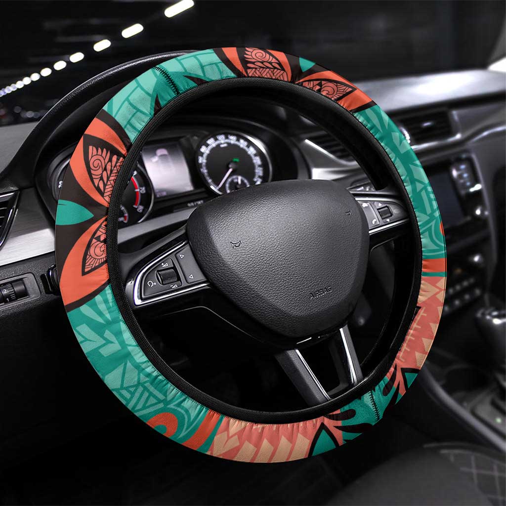 Plumeria Polynesian Pattern Steering Wheel Cover Unique Fantasy Teal Orange LT01 Universal Fit Teal - Polynesian Pride