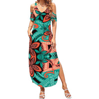 Plumeria Polynesian Pattern Summer Maxi Dress Unique Fantasy Teal Orange
