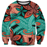 Plumeria Polynesian Pattern Sweatshirt Unique Fantasy Teal Orange LT01 Unisex Teal - Polynesian Pride