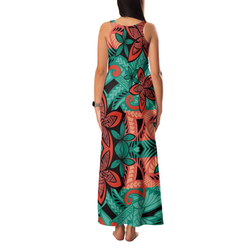 Plumeria Polynesian Pattern Tank Maxi Dress Unique Fantasy Teal Orange