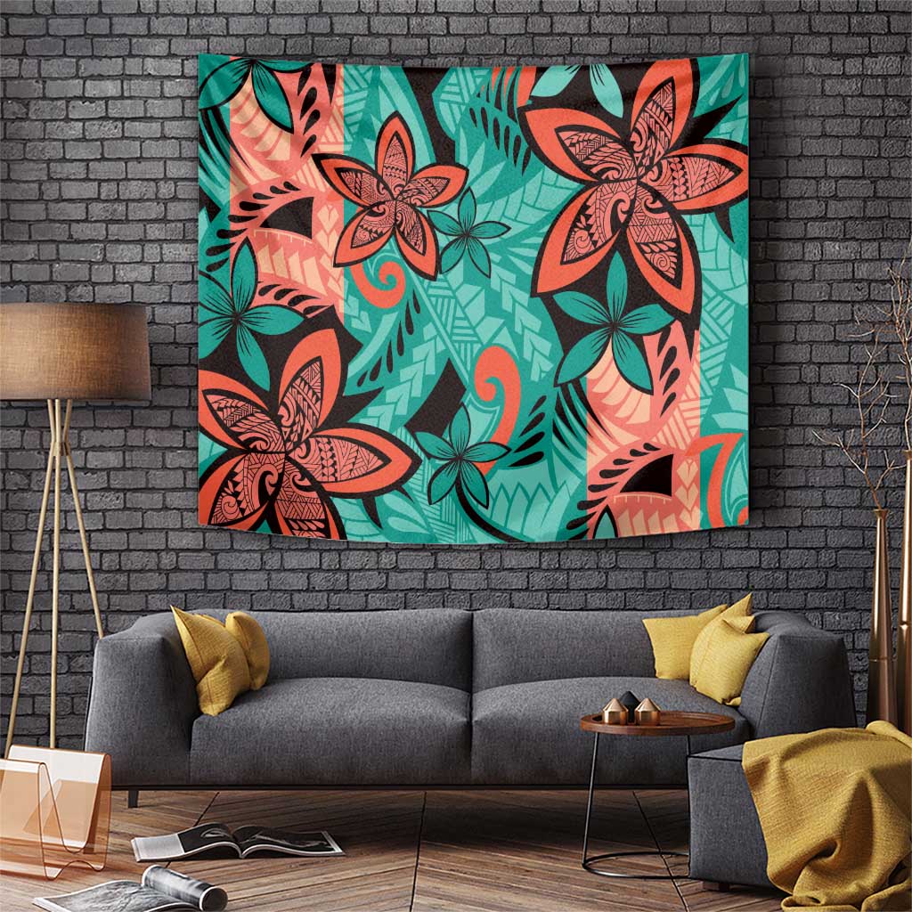 Plumeria Polynesian Pattern Tapestry Unique Fantasy Teal Orange