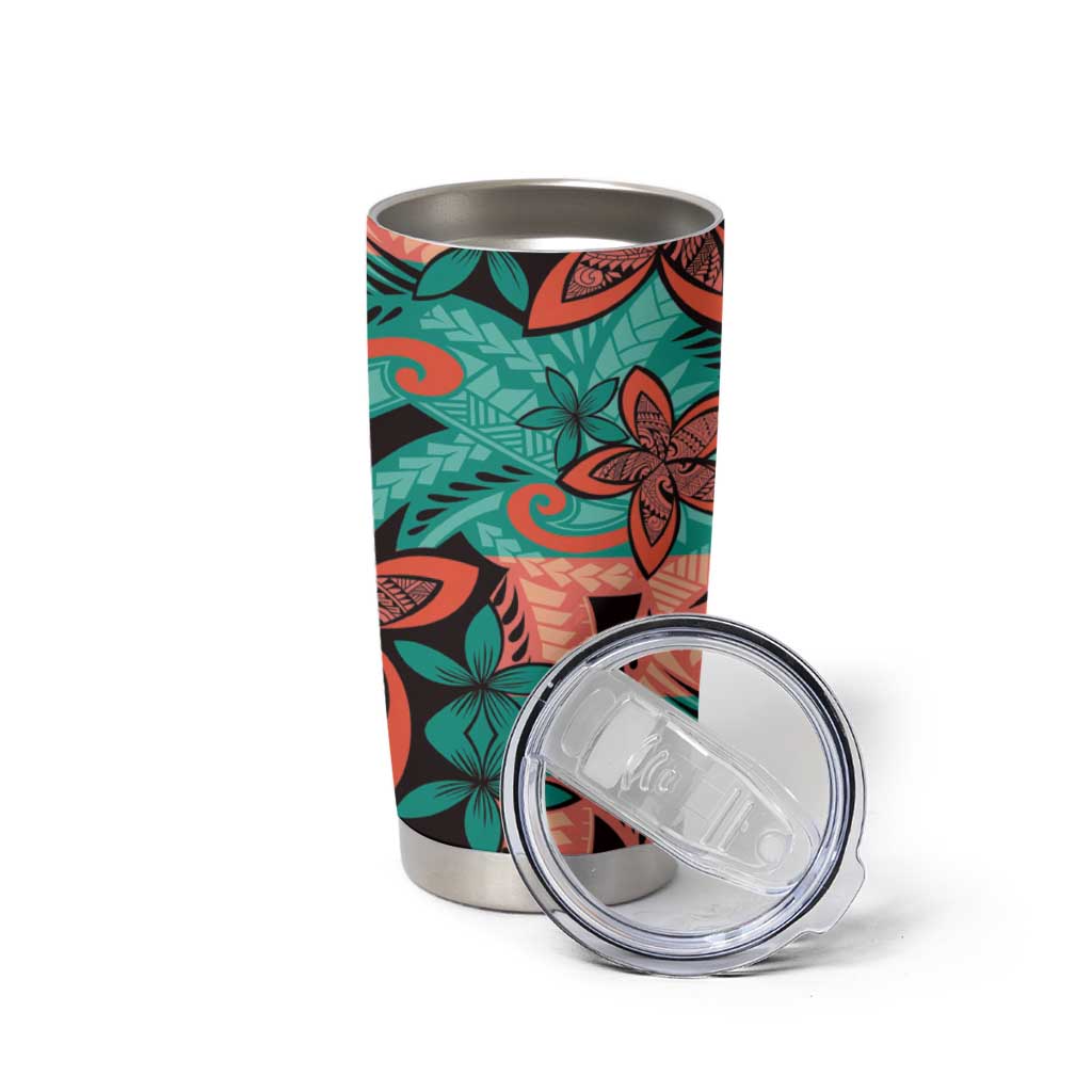 Plumeria Polynesian Pattern Tumbler Cup Unique Fantasy Teal Orange