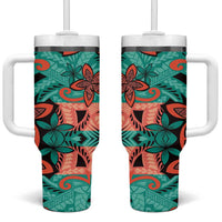 Plumeria Polynesian Pattern Tumbler With Handle Unique Fantasy Teal Orange