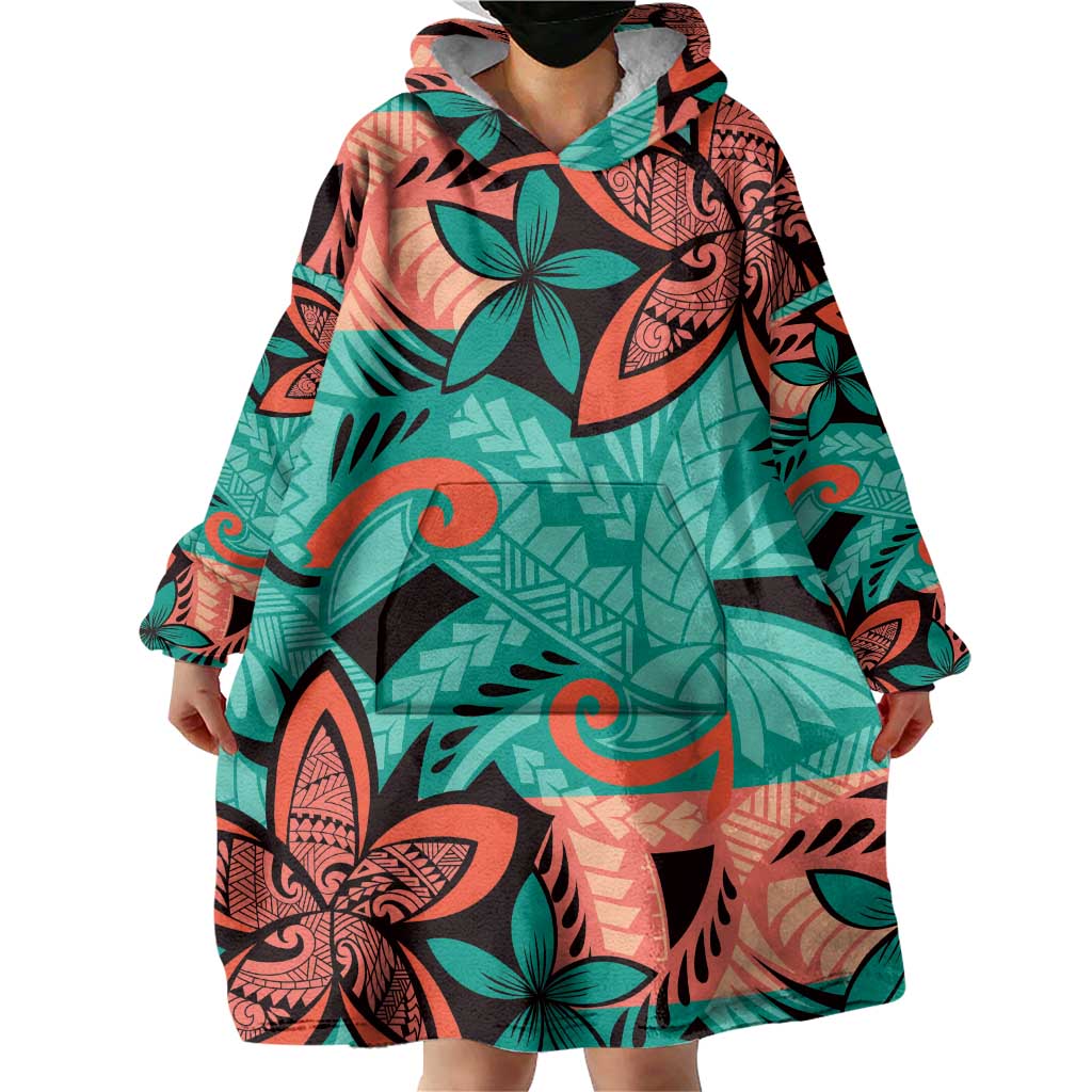 Plumeria Polynesian Pattern Wearable Blanket Hoodie Unique Fantasy Teal Orange LT01 - Polynesian Pride