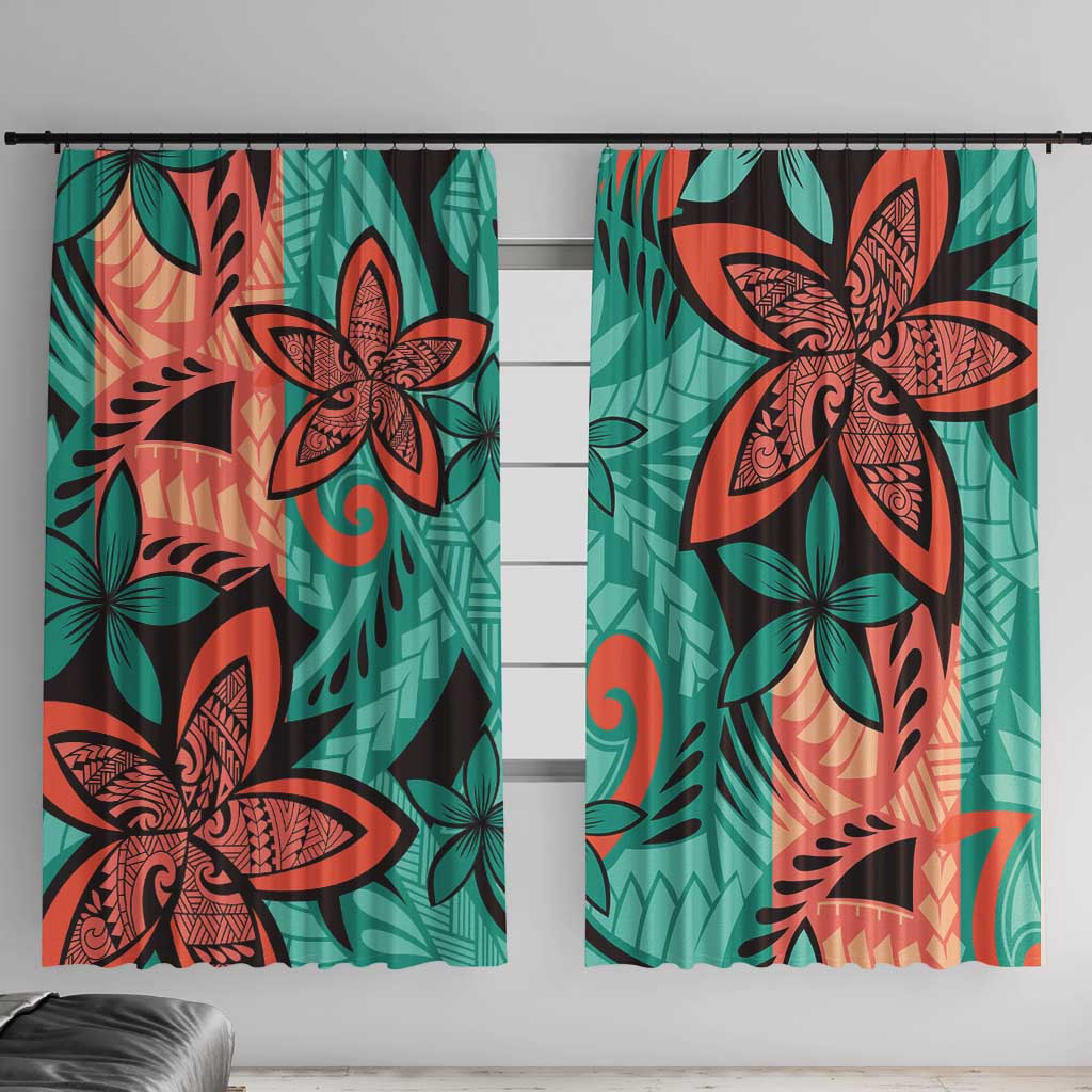 Plumeria Polynesian Pattern Window Curtain Unique Fantasy Teal Orange LT01 With Hooks Teal - Polynesian Pride