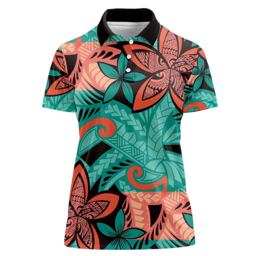 Plumeria Polynesian Pattern Women Polo Shirt Unique Fantasy Teal Orange