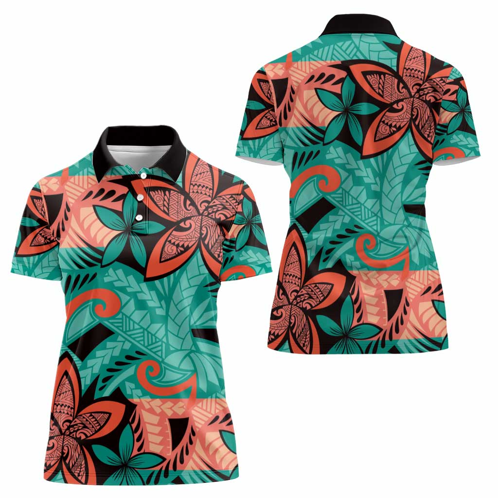 Plumeria Polynesian Pattern Women Polo Shirt Unique Fantasy Teal Orange