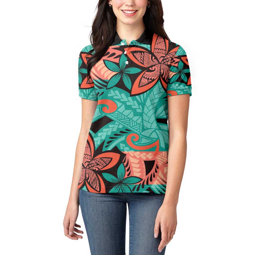 Plumeria Polynesian Pattern Women Polo Shirt Unique Fantasy Teal Orange