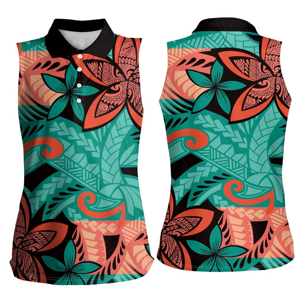 Plumeria Polynesian Pattern Women Sleeveless Polo Shirt Unique Fantasy Teal Orange