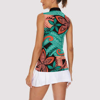 Plumeria Polynesian Pattern Women Sleeveless Polo Shirt Unique Fantasy Teal Orange