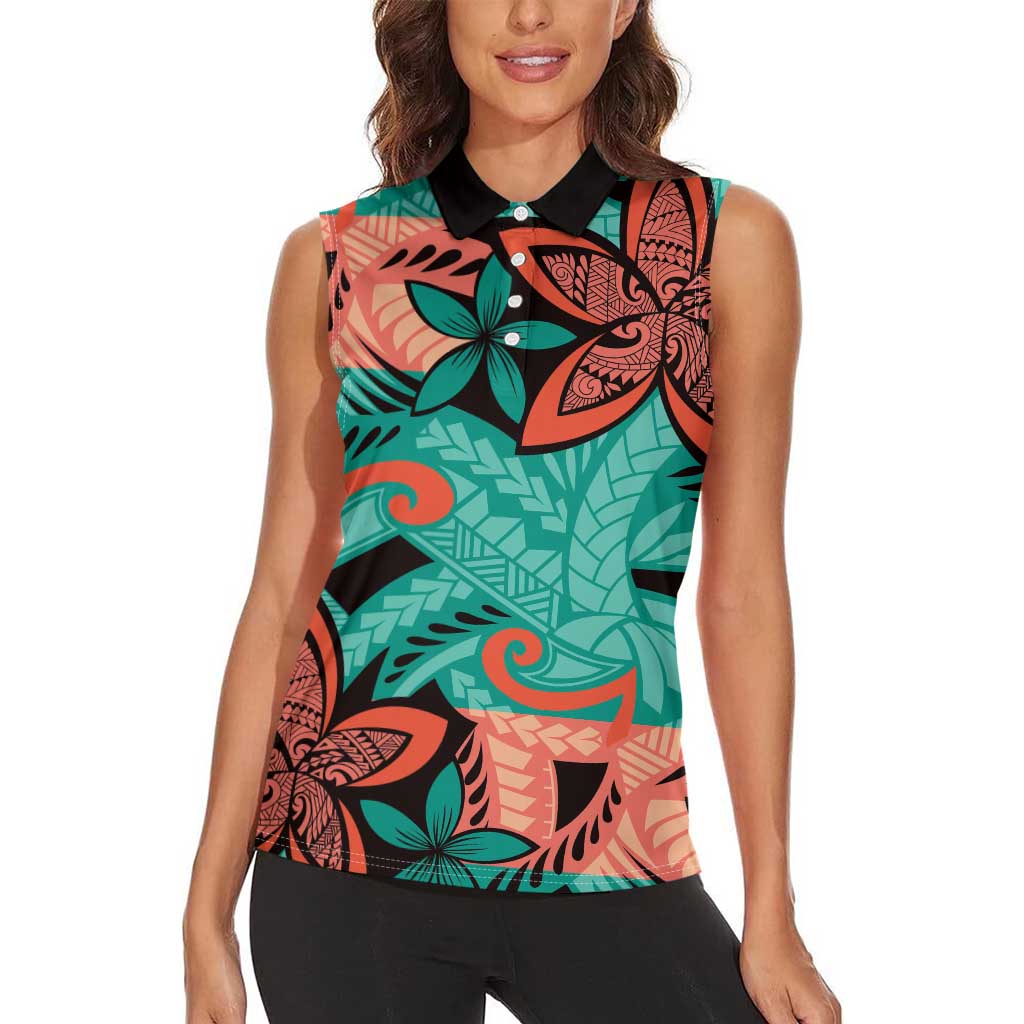 Plumeria Polynesian Pattern Women Sleeveless Polo Shirt Unique Fantasy Teal Orange