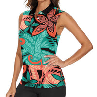 Plumeria Polynesian Pattern Women Sleeveless Polo Shirt Unique Fantasy Teal Orange