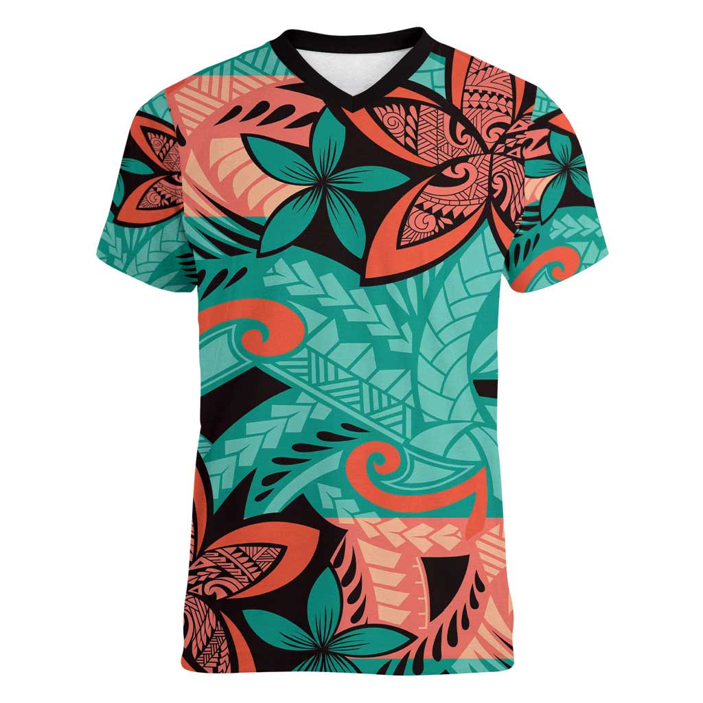 Plumeria Polynesian Pattern Women V-Neck T-Shirt Unique Fantasy Teal Orange