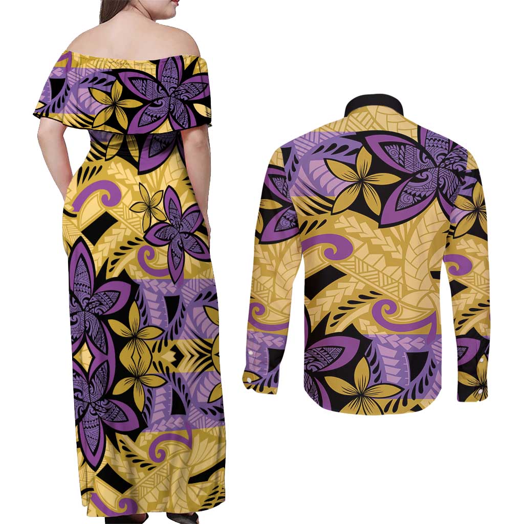 Plumeria Polynesian Pattern Couples Matching Off Shoulder Maxi Dress and Long Sleeve Button Shirt Unique Fantasy Yellow Purple LT01 - Polynesian Pride