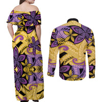 Plumeria Polynesian Pattern Couples Matching Off Shoulder Maxi Dress and Long Sleeve Button Shirt Unique Fantasy Yellow Purple LT01 - Polynesian Pride