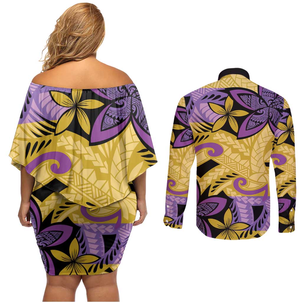 Plumeria Polynesian Pattern Couples Matching Off Shoulder Short Dress and Long Sleeve Button Shirt Unique Fantasy Yellow Purple LT01 - Polynesian Pride