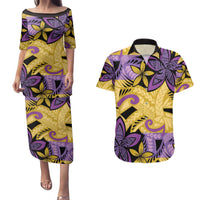 Plumeria Polynesian Pattern Couples Matching Puletasi and Hawaiian Shirt Unique Fantasy Yellow Purple LT01 Yellow - Polynesian Pride