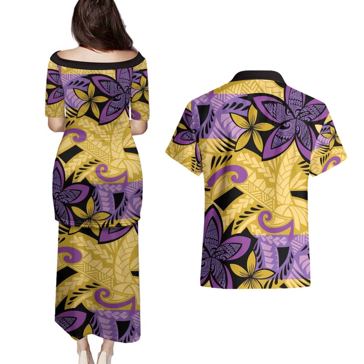 Plumeria Polynesian Pattern Couples Matching Puletasi and Hawaiian Shirt Unique Fantasy Yellow Purple LT01 - Polynesian Pride