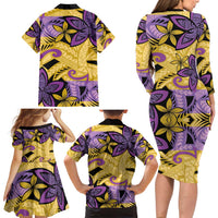 Plumeria Polynesian Pattern Family Matching Long Sleeve Bodycon Dress and Hawaiian Shirt Unique Fantasy Yellow Purple